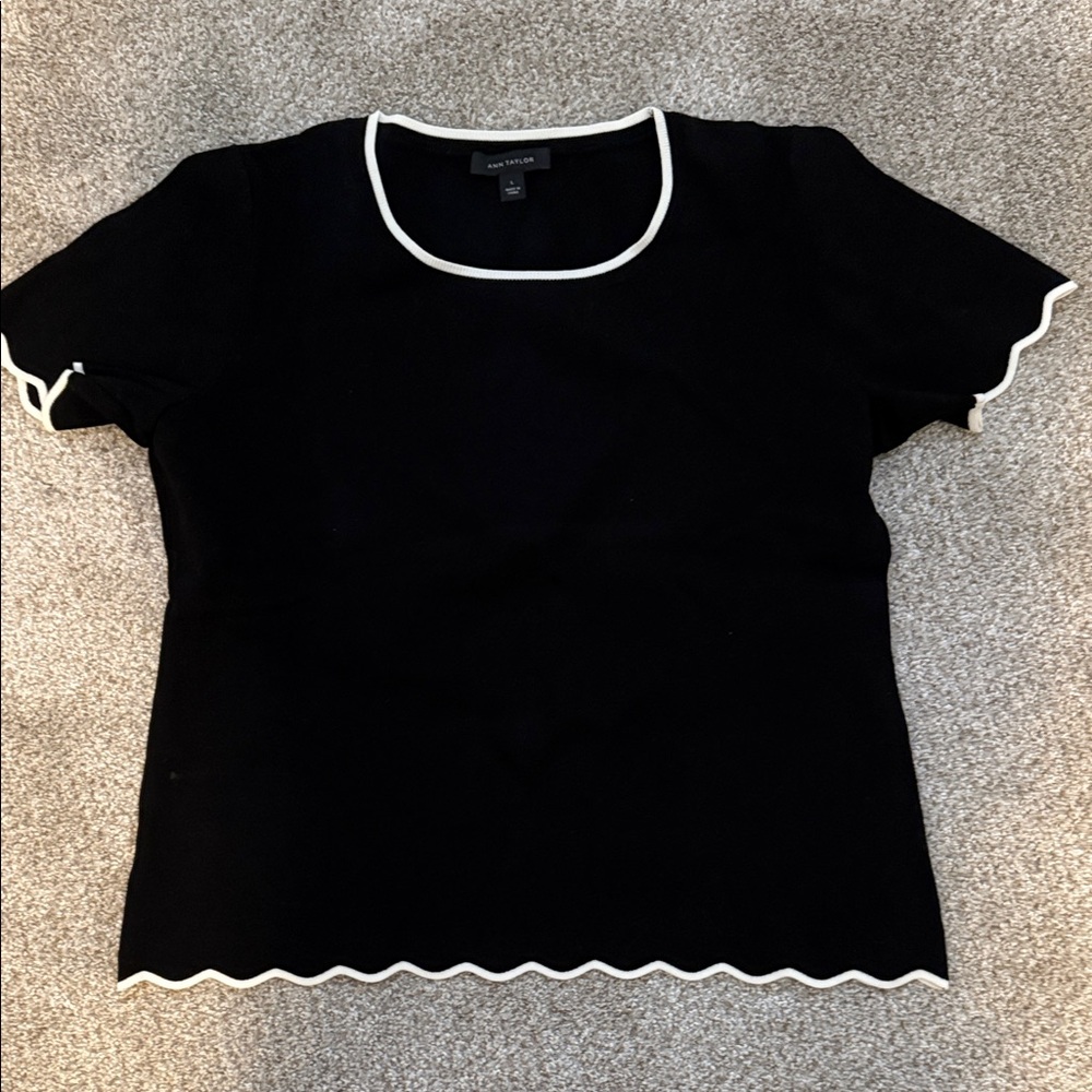 Ann Taylor Black Top with White Scalloped Trim